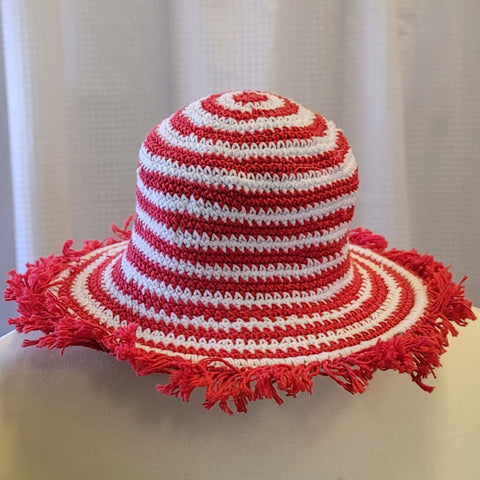 Small Stripe Crocheted Fringe Hat - Red