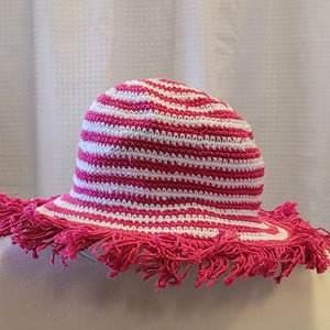 Small Stripe Crocheted Fringe Hat - Rose Pink