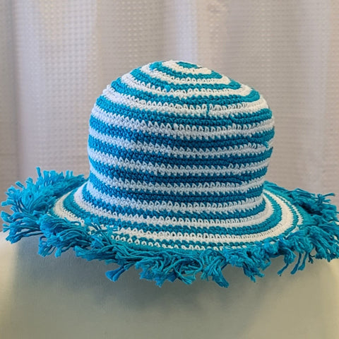 Small Stripe Crocheted Fringe Hat - Turquoise