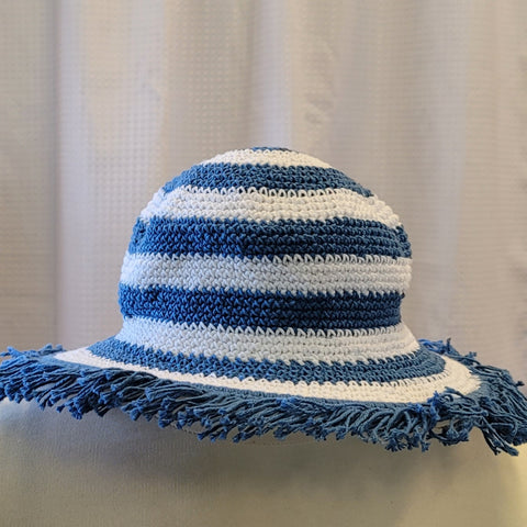 Silly Sarongs Crocheted Wide Stripe Hat vintage blue