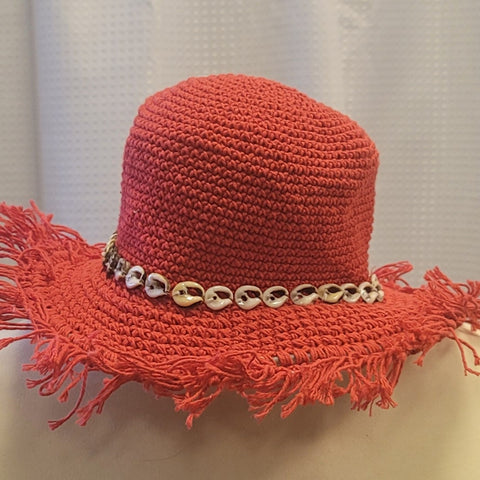 Silly Sarongs Adult Crocheted Fringe Brim Hat with Seashells - Red