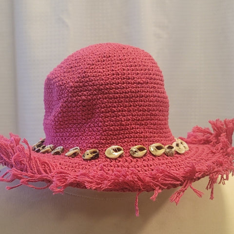 Silly Sarongs Adult Crocheted Fringe Brim Hat with Seashells - Rose Pink