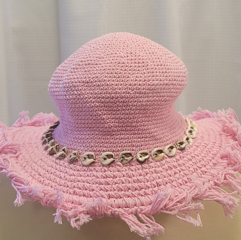 Silly Sarongs Adult Crocheted Fringe Brim Hat with Seashells - Cotton Candy