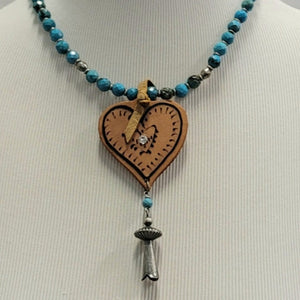 XOXO Art & Co Leather Heart Turq Beaded Necklace Necklace