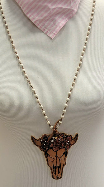 XOXO Art Co Leather Cow skull floral necklace