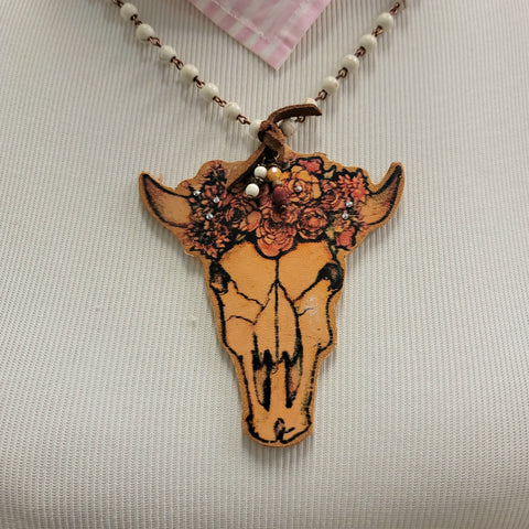 Leather Floral Cow skull Necklace