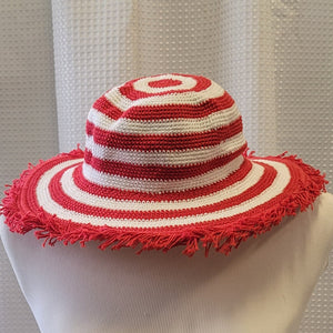 Silly Sarongs Adult Wide Stripe Crocheted Fringe Brim Hat - Red