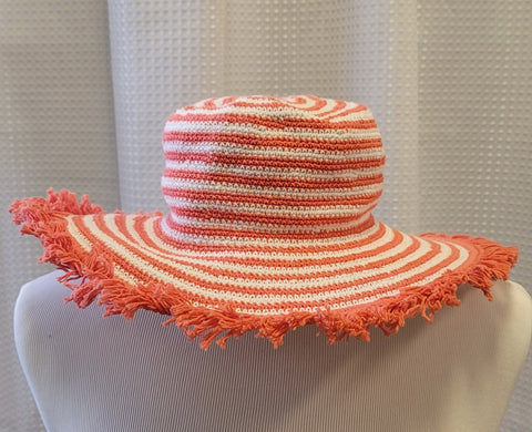 Silly Sarongs Adult Small Stripe Crocheted Fringe Hat - Salmon
