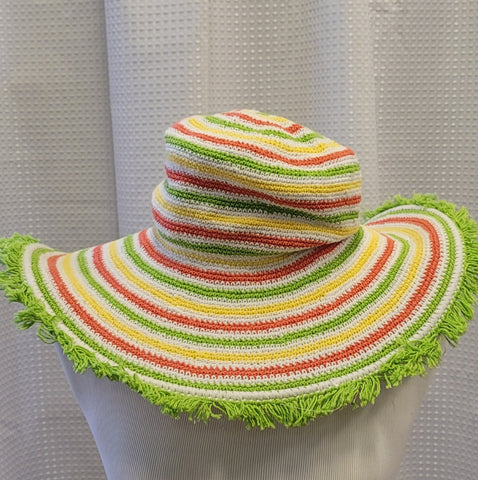 Silly Sarongs Adult Small Stripe Crocheted Fringe Hat - Citrus Punch
