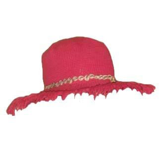 Adult Crocheted Fringe Brim Hat with Seashells - Rose Pink